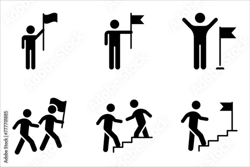 Leadership icon set. Man with flag. Vector illustration isolated on white background.