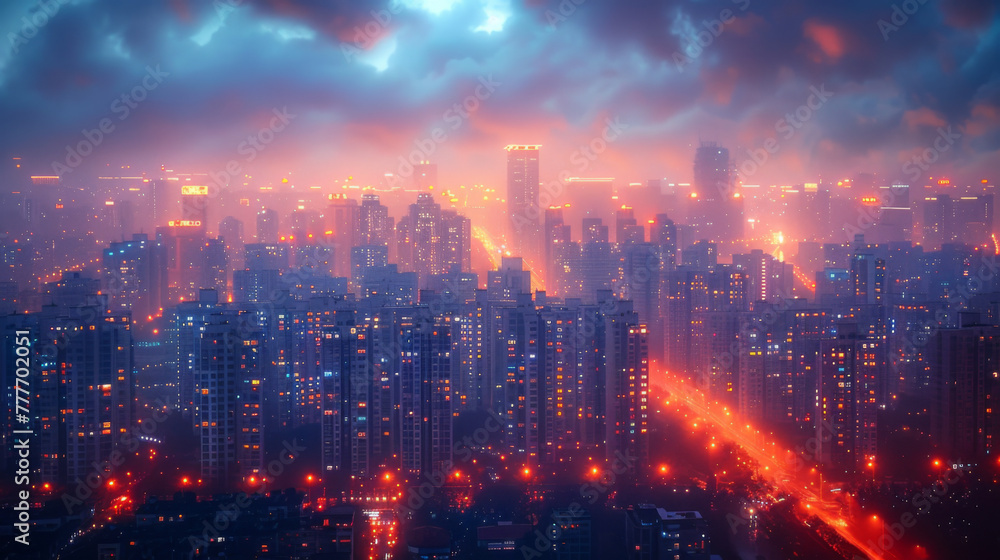 Bright glowing lights of district in megapolis under dusk sky in evening on blurred background. Bright glowing lights of district in megapolis under dusk sky in evening on blurred background.
