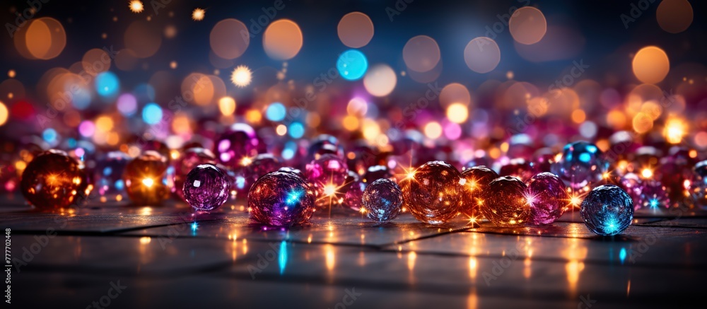 Christmas background with bokeh lights and glass balls.