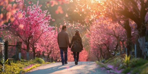 Two People Walking Down Path With Trees