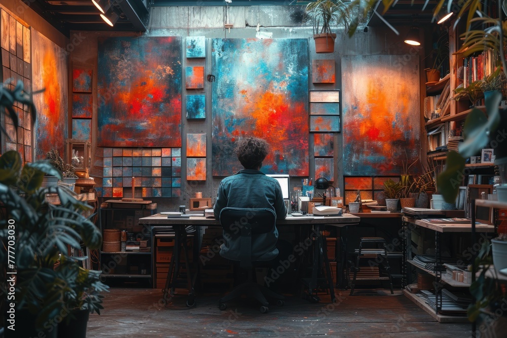 Man sitting at desk in front of painting