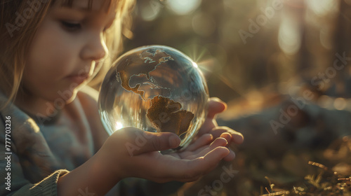 Close up of a person holding a glass earth ball.