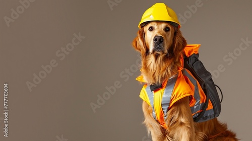 A diligent golden retriever, embodying the spirit of World Safety Day, wearing a reflective safety jacket and a sturdy yellow safety helmet. photo