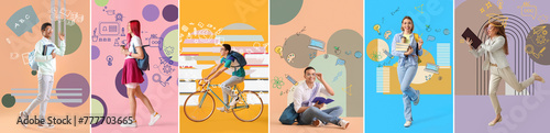 Collage of students on color background