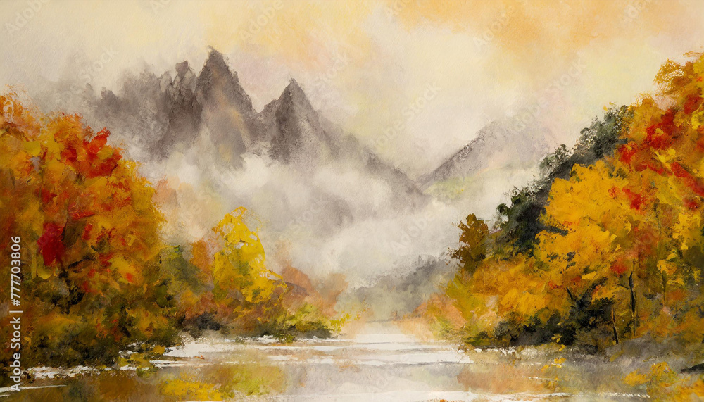 Traditional, vintage and rustic muted color design art of mist mountain background with river
