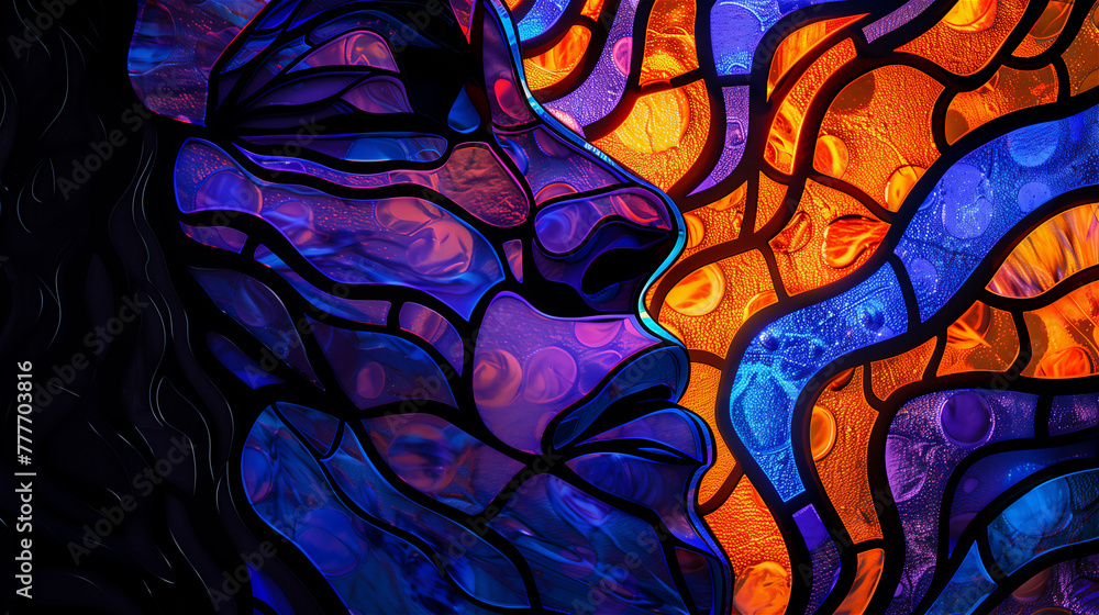A colorful stained glass window depicting a woman's face.