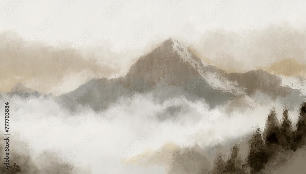 Traditional, vintage and rustic muted colour design art of mist mountain background with river