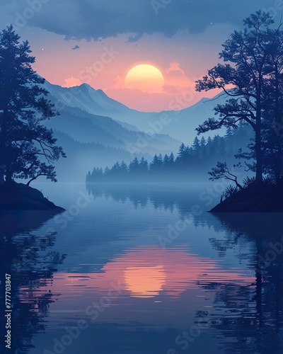 Misty lakeside at dawn, calm water, early morning, tranquil nature. wallpaper, background