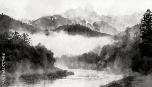 Traditional, vintage and rustic muted color design art of mist mountain background with river © PM Design Creations