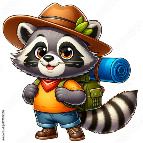 Cartoon raccoon traveler isolated on transparent background. Close-up, cut out.
