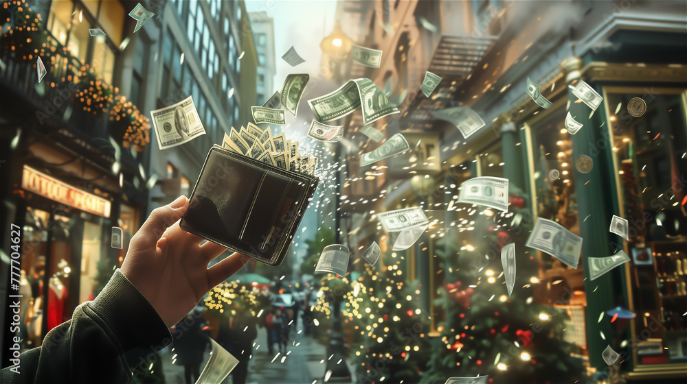 The hand holds a wallet with banknotes escaping from it. The concept of extravagance and spending money on whims or Christmas gifts.