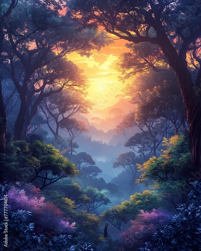Mystical forest with fog, enchanted woods, fantasy landscape, mysterious atmosphere. background, wallpaper
