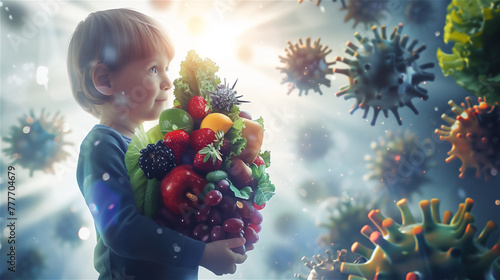 A child holding a shield of fruit and vegetables as a shield against pathogenic bacteria and viruses. The concept of naturally strengthening the immune system. photo