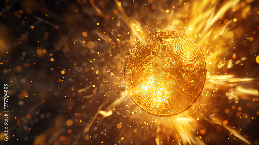 Exploding a coin of cryptocurrency Bitcoin.