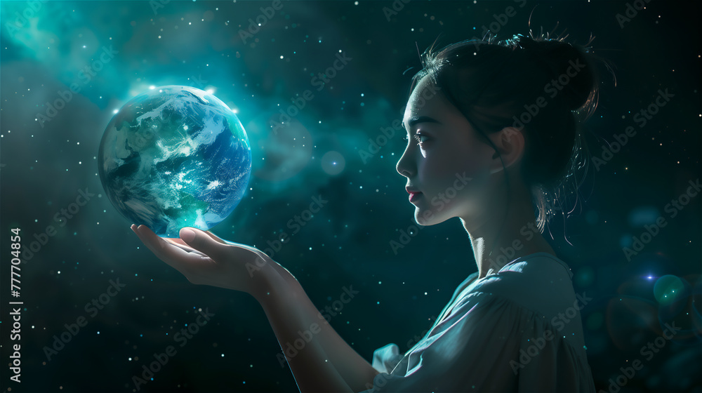 Woman holding earth globe.
