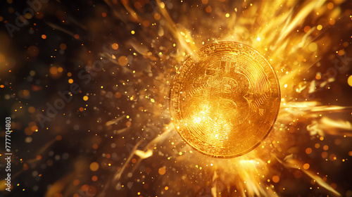 Exploding a coin of cryptocurrency Bitcoin.