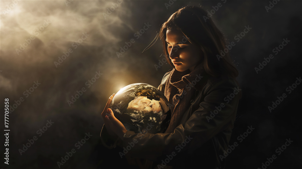 Woman holding earth globe.