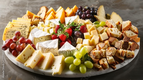 Elegant Abundance: Large Platter Featuring an Array of Gourmet Cheeses and Fruits