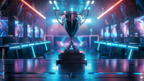 The esports winner trophy standing on the stage in the middle of the arena of the computer video game championship. Two rows of PCs for competing teams. Stylish neon lights with a cool design.
