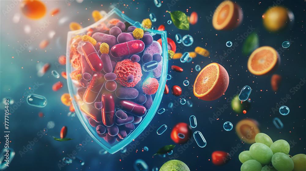 Shield made of fruit and vegetables protect against pathogenic bacteria and viruses. The concept of naturally strengthening the immune system.