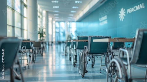 Row of wheelchairs in a hospital corridor with a clean and minimalist design. Healthcare facilities and patient care services concept.