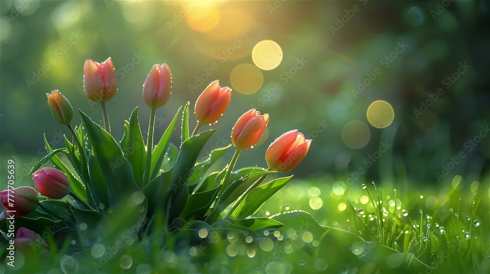 A cluster of pink tulips on a park or garden lawn, bathed in morning dew with a beautiful bokeh effect in the background.