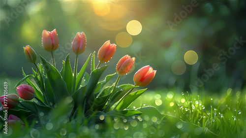 A cluster of pink tulips on a park or garden lawn, bathed in morning dew with a beautiful bokeh effect in the background. #777705639