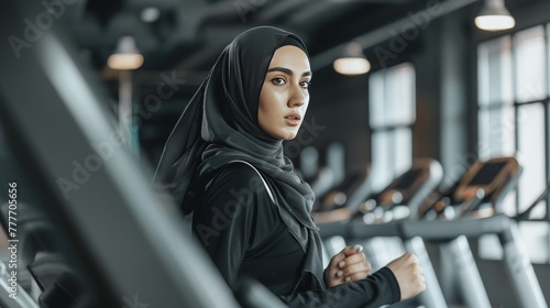 A Muslim woman in a hijab wearing a black shirt and a gray scarf runs on a treadmill. Concept of sports for Muslim women