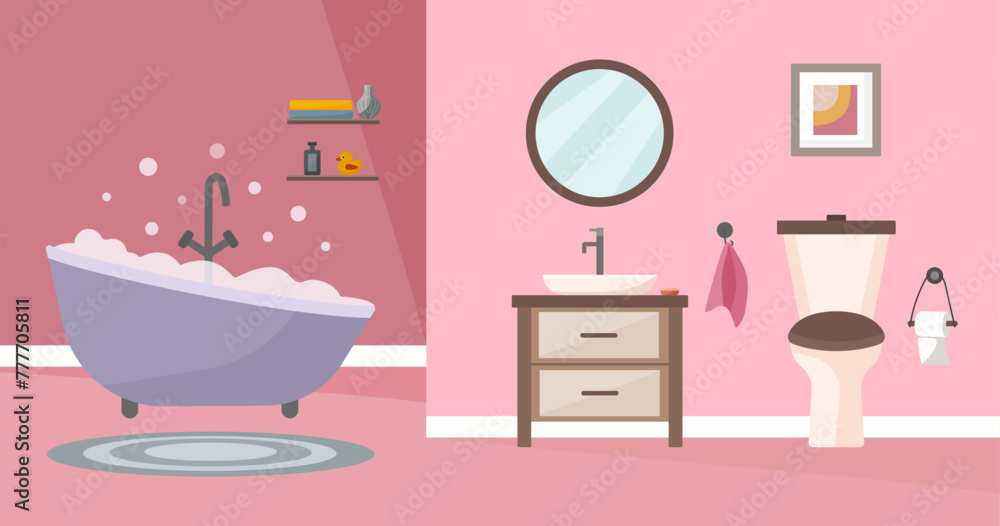 Stylish bathroom in flat vector style. Accessories: shampoo, shower gel, soap, shelf, stool, vase, towel, mirror, sink, heated towel rail. Stylish bathroom in flat vector style. Accessories: shampoo, shower gel, soap, shelf, stool, vase, towel, mirror, sink, heated towel rail.