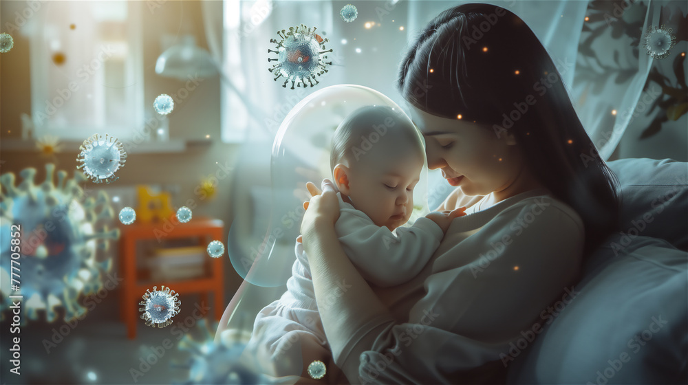 Mother take care of her child, in the room flying viruses.