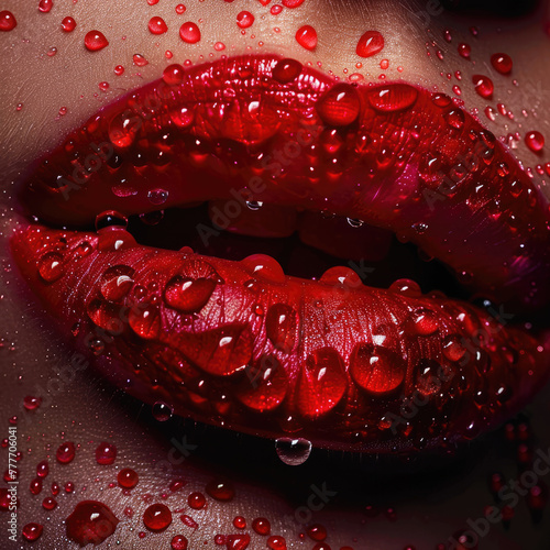 Close up on red lips covered by water drops