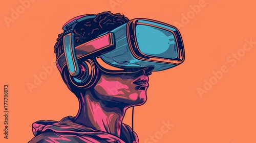 A man wearing a virtual reality headset is looking at a red background. Concept of immersion and excitement, as the viewer is transported into a virtual world. The red background adds a bold