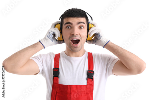 Surprised young carpenter i...