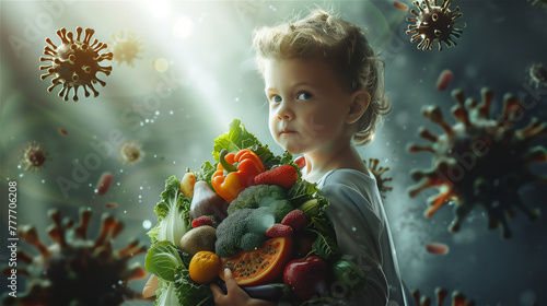 A child holding a shield of fruit and vegetables as a shield against pathogenic bacteria and viruses. The concept of naturally strengthening the immune system.