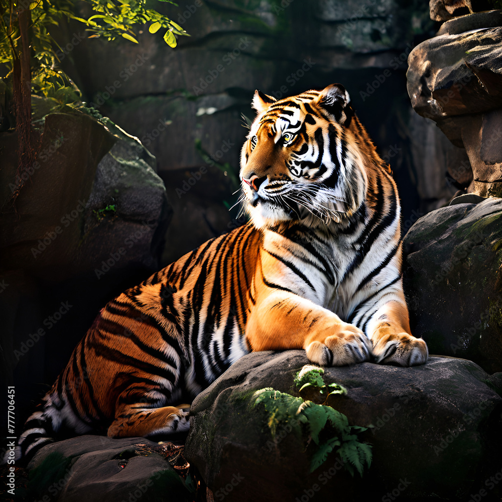 Close up of a tiger lying on the rock in the zoo. Tiger in the jungle