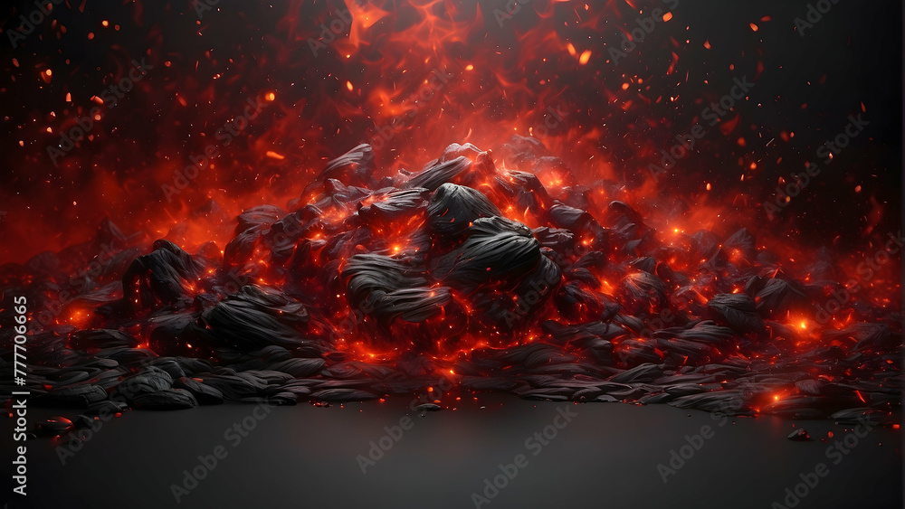 An intense and dramatic artwork showcasing the fierce beauty of glowing lava with flying embers and ashes - obrazy, fototapety, plakaty 