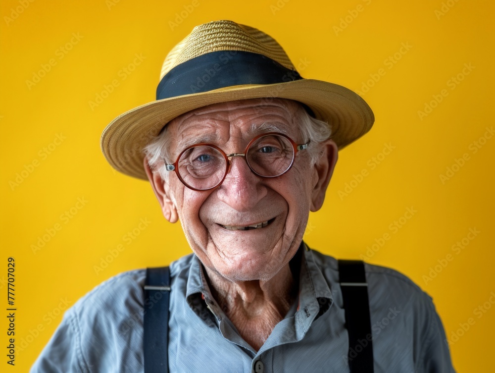 Elderly Man with Hat Smiling Joyfully. Generative AI. Elderly Man with Hat Smiling Joyfully. Generative AI.