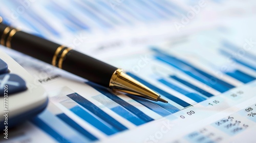 Black and gold pen on business financial graphs and charts. Corporate finance and analysis concept