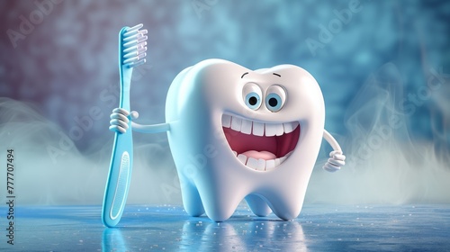 Smiling white tooth holding a toothbrush, ideal for kids dental hygiene education,
