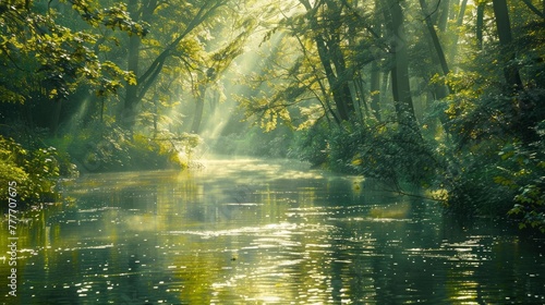 A gentle river meandering through a dense, verdant forest, sunlight streaming through the leaves, casting dappled shadows on the water, a sense of serenity and the gentle flow of life. © Muzammil Elahi