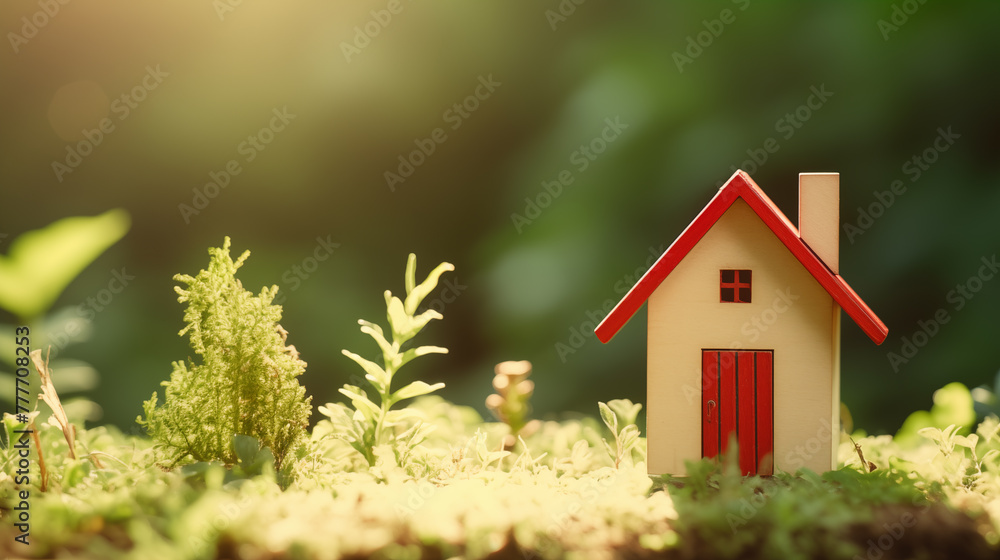 Miniature house on a meadow. A tiny house in forest. Concept of energy saving with modern technology. Real estate business, new homes and mortgages Miniature house on a meadow. A tiny house in forest. Concept of energy saving with modern technology. Real estate business, new homes and mortgages