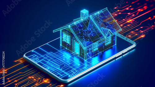 A small illuminated blue model of a house on screen of a smartphone  depicting the concept of smart home automation. Advanced connectivity and technology for residential control.