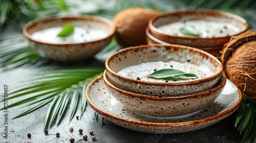  A close-up shot of a coconut-filled dish with a bowl of coconut milk and a green leaf