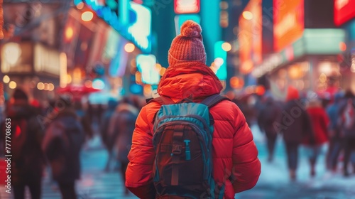 Traveler in a red jacket exploring a bustling city street illuminated by evening lights