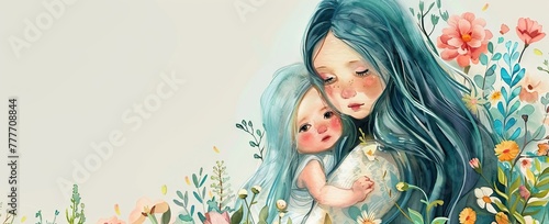 Mother and child love clipart, Mother's day concept, mom daughter lovely moment illustration, Sublimation. AI generated illustration
