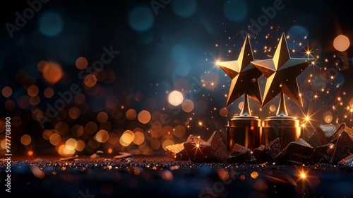 A gleaming golden star trophy stands out against a sparkling bokeh background, symbolizing achievement and recognition.