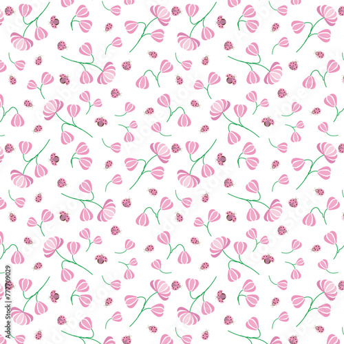 Seamless pattern with pink flowers and ladybugs vector illustration © Dalia