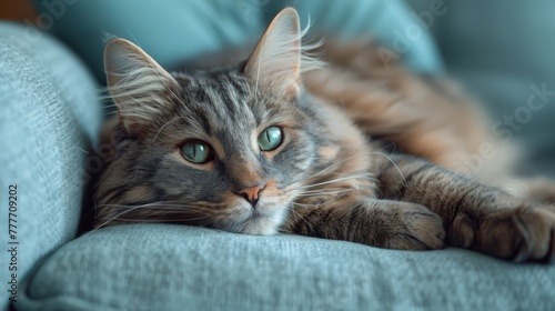  A photo of a feline lounging on a sofa with its head positioned atop an armrest of a cushion