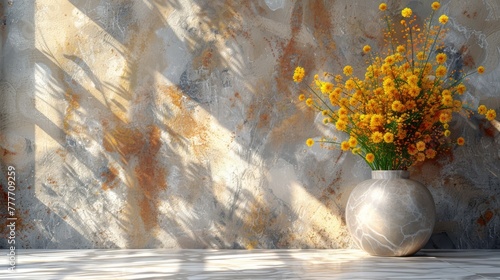   White vase with yellow flowers on table, next to wall with shadow