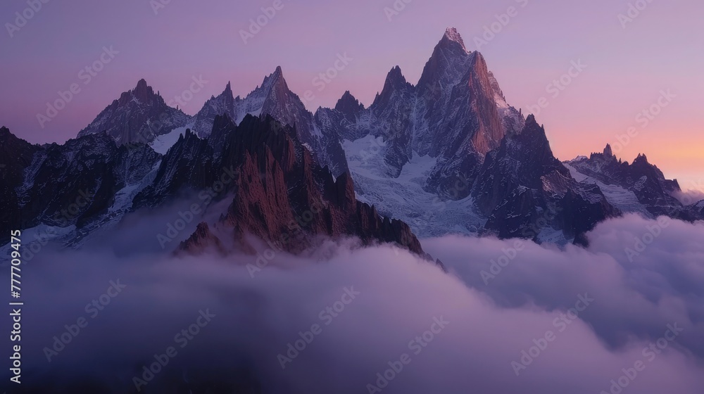 A high mountain pass at sunrise, the peaks illuminated by the first light of day, a carpet of clouds below, the scene imbued with a sense of accomplishment and the beauty of high altitudes.